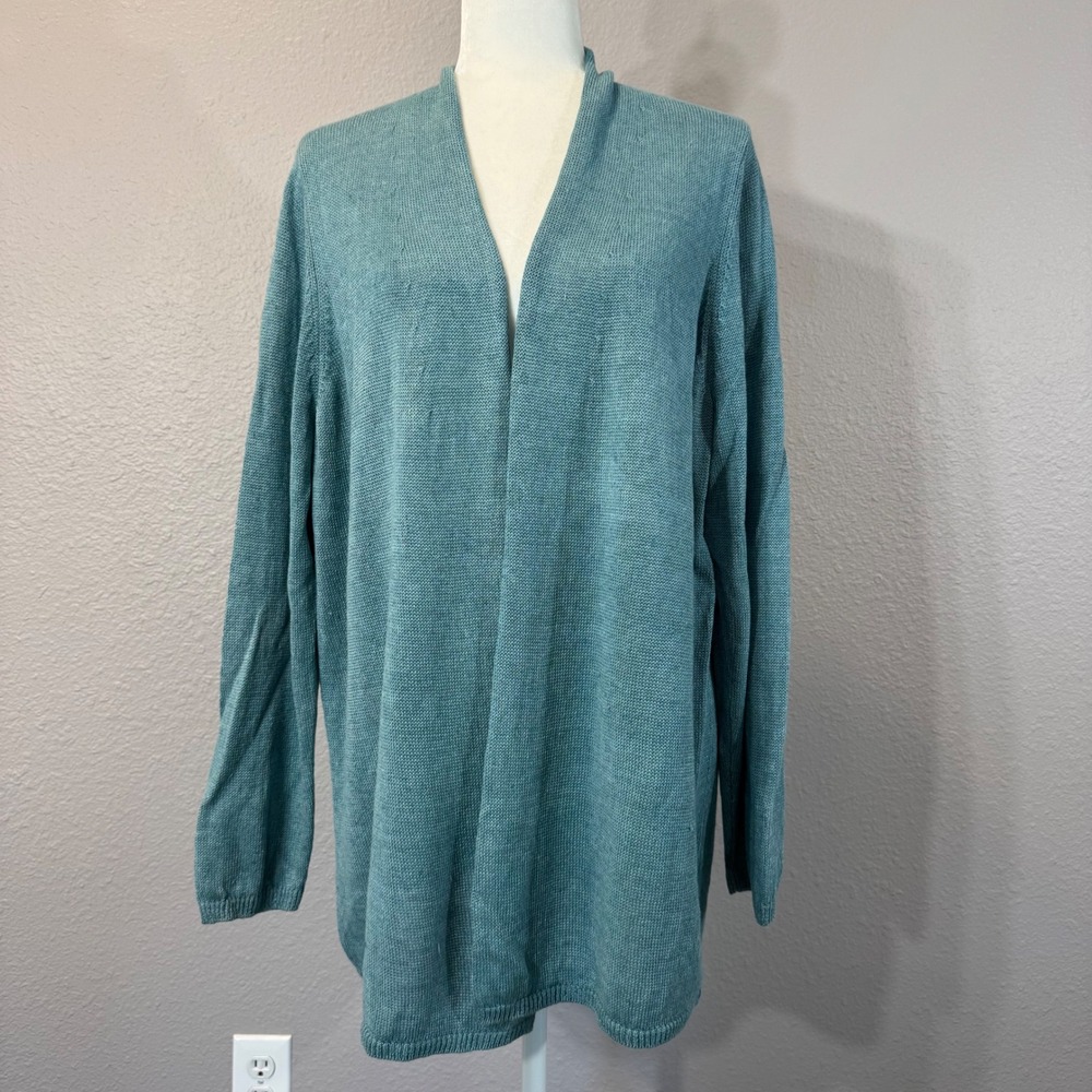 Talbots Woman's Size 2X Teal 100% Linen Open Front Knit Cardigan Sweater